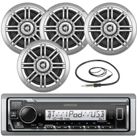 Kenwood 604697456913 Usb/aux Single Din Marine Receiver 4x 6.5 Inch 150w Speakers Radio Antenna